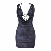 Metal chain o ring self tie print mini dress