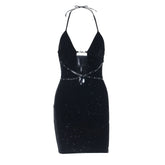 Hollow out halter self tie zip-up cut out mini dress