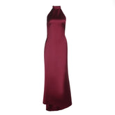 Satin halter backless solid maxi dress