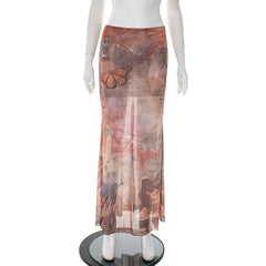 Butterfly print slit contrast mesh maxi skirt