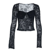Long sleeve v neck print black top