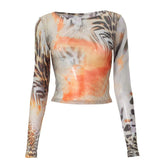 Long sleeve crewneck print mesh top