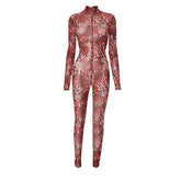 Leopard print long sleeve high neck mesh jumpsuit