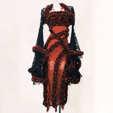 Long sleeve flower applique bowknot cami maxi dress