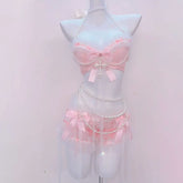 Halter bowknot beaded lace hem top