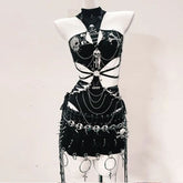 Metal chain hollow out o ring pleated mini skirt set
