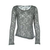 Long sleeve round neck slit lace irregular top