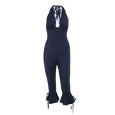 Halter self tie ruffle v neck ruched jumpsuit