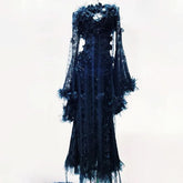 Long flared sleeve flower applique lace maxi dress