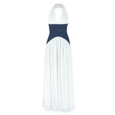 Halter v neck button mesh maxi dress