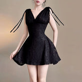 Self tie v neck lace solid mini dress