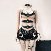 Halter buckle rivet hollow out o ring mini skirt set