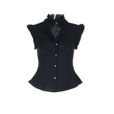 Turnover collar textured button ruffle top
