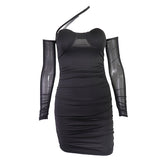 One shoulder mesh ruched mini dress