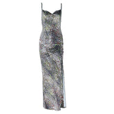 Leopard print slit ruched cami maxi dress