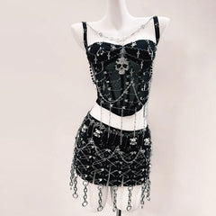Metal chain skull applique corset cami top