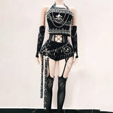 Halter hollow out metal chain rivet applique pant set