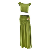 Ruched high slit irregular solid maxi skirt set