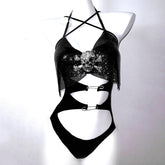 Hollow out skull applique backless cami bodysuit