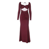 Long sleeve hollow out ruched mesh patchwork cut out maxi dress
