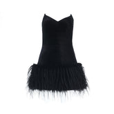 V neck fluffy velvet zip-up mini dress