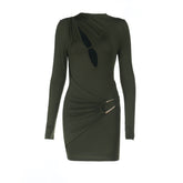 Long sleeve hollow out crewneck solid cut out mini dress