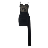 Ruched irregular lace zip-up cami mini dress