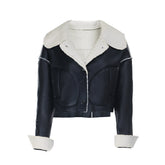 Long sleeve turnover collar PU leather button top