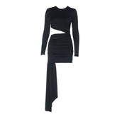 Long sleeve crewneck hollow out ruched cut out mini dress