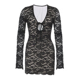 Long sleeve lace self tie hollow out cut out mini dress