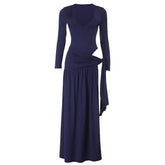 Long sleeve v neck ruched irregular maxi skirt set