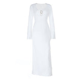 Long sleeve v neck o ring solid maxi dress