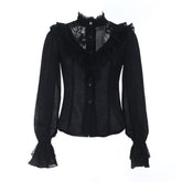 Long sleeve lace button ruffle solid top