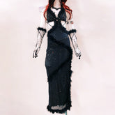 V neck fluffy spider applique hollow out cut out maxi dress