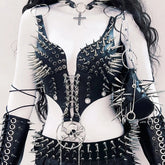 Lace up metal chain rivet applique PU leather top