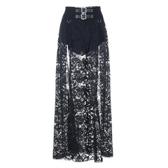 Lace slit buckle zip-up solid maxi skirt