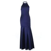Halter satin backless zip-up maxi dress