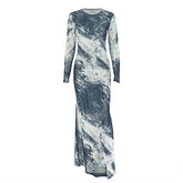 Long sleeve mesh crewneck contrast maxi dress