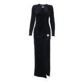 Long sleeve hollow out velvet slit cut out maxi dress