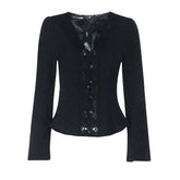 V neck button long sleeve lace hem top
