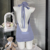 High neck halter self tie backless knitted mini dress