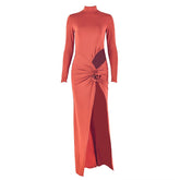 High neck flower applique long sleeve slit maxi dress