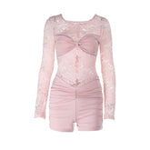 Lace long sleeve round neck ruched zip-up romper