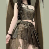 Metal chain pleated butterfly pattern irregular mini skirt set