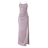 Cross back self tie ruched zip-up slit cami maxi dress