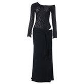 Ruched long sleeve lace hollow out cut out maxi dress