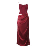 Hollow out ruched satin slit cami cut out maxi dress