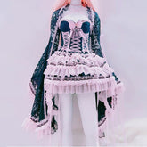Ruffle bowknot long flared sleeve lace mini skirt set