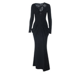 Long sleeve lace hem hollow out ruched cut out maxi dress