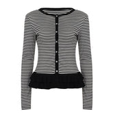 Crewneck button long sleeve ruffle striped top